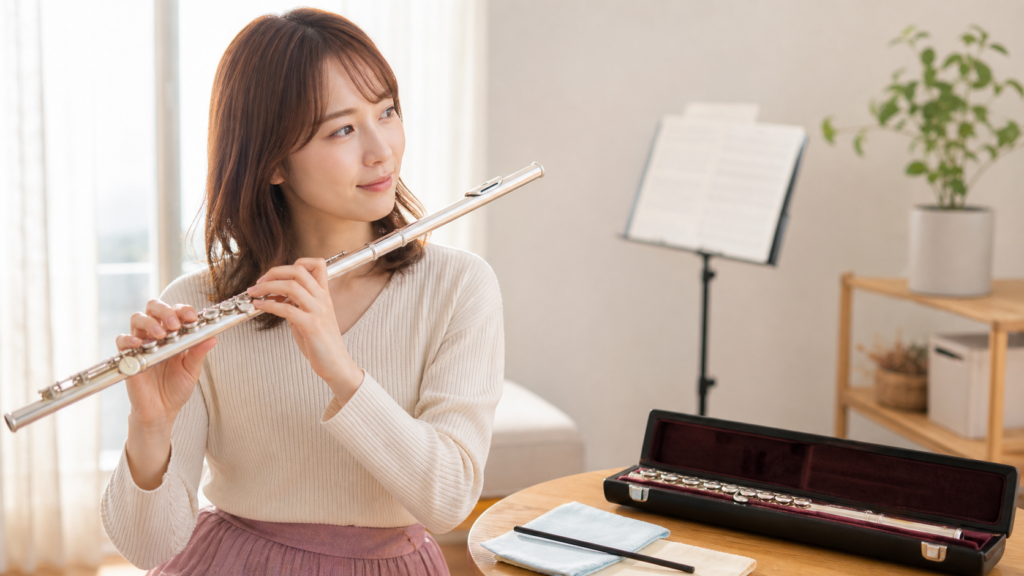 大人の初心者が自宅でフルートを構える様子
