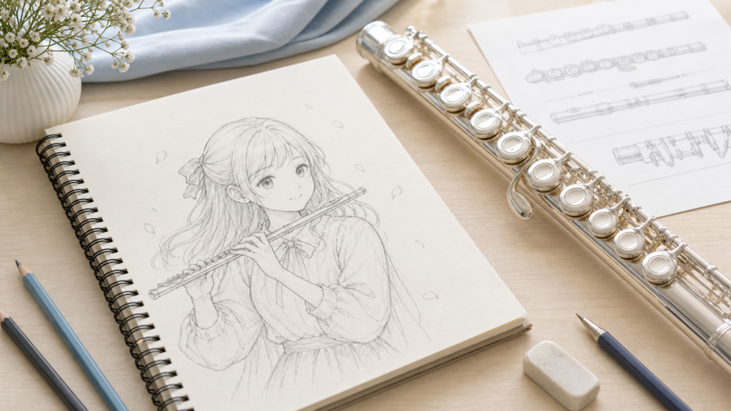 フルートを持つキャラクターのスケッチと実物フルートを並べたイラスト記事のアイキャッチ