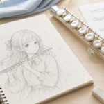 フルートを持つキャラクターのスケッチと実物フルートを並べたイラスト記事のアイキャッチ
