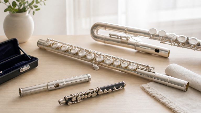 複数のフルート系楽器を上品に並べたフルート種類解説の記事アイキャッチ