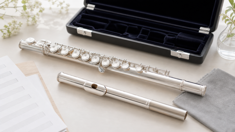 フルート、ケース、グレーのクロスを並べたPearl PF-525E選びの記事アイキャッチ